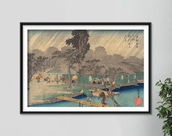 Utagawa Hiroshige - Tea Houses on the Bank of the Tadasu River in a Shower (1885) - Painting Poster Print Art Gift Giclée Ukiyo-e Rain