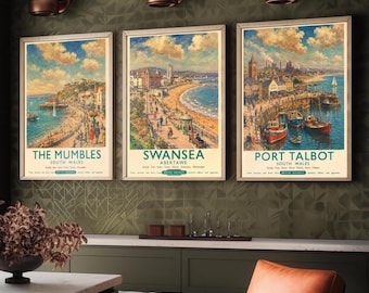 Conjunto de tres láminas del sur de Gales / Mumbles, Swansea, Port Talbot / Póster de viaje vintage de British Railways para pared