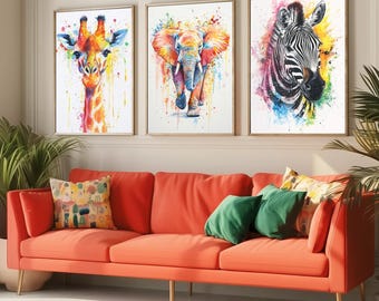 Set of Three Giraffe, Elephant and Zebra Watercolour Prints - 3 Safari Animal Art Paintings Poster, Wall, Zoo, Jungle Wildlife Decor