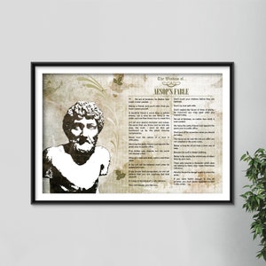 May include: A vintage-style illustration of Aesop, a Greek storyteller and fabulist, with a quote about the wisdom of Aesop's fables. The image is in a black frame and has a textured background.