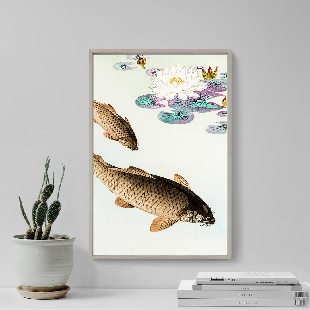 小原古邨 - 二匹の鯉と睡蓮の葉（1933年） - クラシック絵画写真