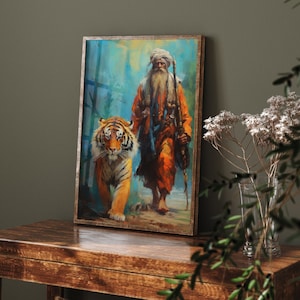 Sikh Warrior Walking Alongside Tiger - Art Print Poster Painting - Museum Quality Giclee Home Wall Décor