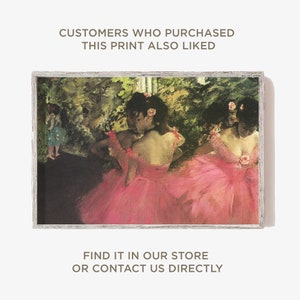 May include: A painting of three ballerinas in pink tutus, set against a backdrop of lush greenery. The ballerinas are positioned in a graceful pose, with their backs to the viewer. The painting is framed in a white wooden frame.