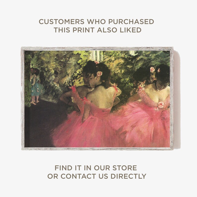 May include: A painting of three ballerinas in pink tutus, set against a backdrop of lush greenery. The ballerinas are positioned in a graceful pose, with their backs to the viewer. The painting is framed in a white wooden frame.