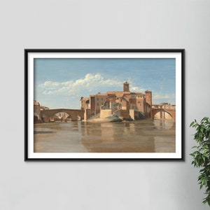 Jean Baptiste Camille-Corot - The Island and Bridge of San Bartolomeo Rome (1828) - Painting Photo Poster Print Art Gift Home Wall Decor