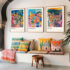 Set of Three Ecuador Travel Posters - Cuenca, Guayaquil, Quito - 3 Modern Art Prints - Photo Painting Illustration Gift Map