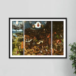 May include: A triptych painting depicting the Last Judgement. The left panel shows a peaceful landscape with a river and trees. The center panel shows a chaotic scene of hell with demons and tortured souls. The right panel shows a scene of heaven with angels and the resurrected.