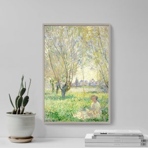 Puede incluir: Una pintura de un paisaje con una mujer sentada en un campo de hierba verde. La mujer lleva un vestido blanco y un sombrero. Hay árboles en el fondo y un río en la distancia.