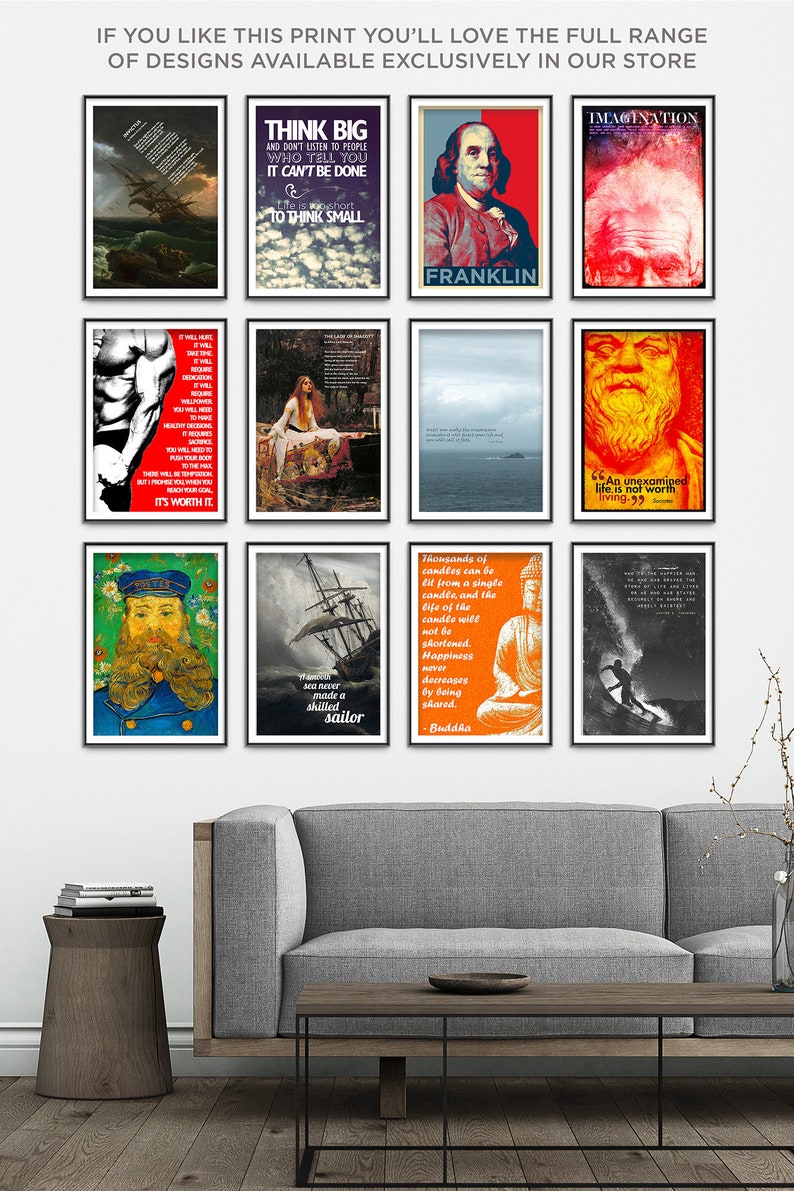 May include: A living room interior with a gray sofa and a wooden coffee table. The wall is decorated with nine framed prints featuring inspirational quotes and images. The prints include quotes from Franklin, Buddha, Socrates, and others. The prints are in various colors, including red, blue, yellow, and black.