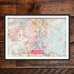 Lagos Map - Original Art Print (Rainbow) - City Street Map of Lagos, Nigeria - Poster Watercolor Illustration Wall Art Home Decor Gift