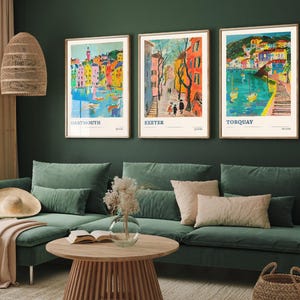 Set of Three Devon Travel Posters - Dartmouth, Exeter, Torquay - 3 Modern Art Prints - Photo Painting Illustration Gift Visit Map Ocean