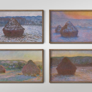 May include: Four framed paintings of haystacks in a field, painted in a pointillist style with a hazy, atmospheric effect. The paintings depict the haystacks in different lighting conditions, from a bright, sunny day to a foggy, overcast morning.