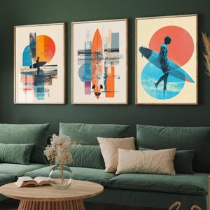 Ensemble de trois affiches de surf vintage - Impressions d'art Ocean Sunset Collage V2 - Photographie créative et peinture - Patchwork de planche de surf