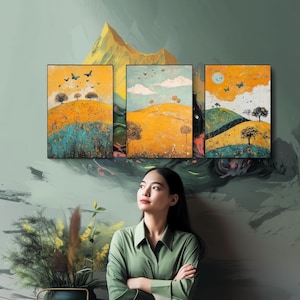 Rolling Butterfly Landscape Art Prints in Saffron, Teal and Charcoal - INSTANT DOWNLOAD - Set of Three Posters, Painting Digital jpg JPEG