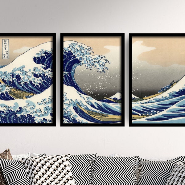 Set of Three Katsushika Hokusai Prints - The Great Wave Triptych - 3 Paintings Photo Poster Wall Art Gift Museum Giclee Ocean Sea Japan