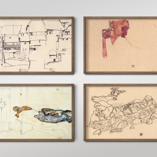 Set of Four Egon Schiele Prints - 4 Classic Paintings - Photo Poster Wall Art Gift Giclée Museum Quality - Muted Minimalist Abstract Warm