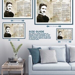 K&ouml;nnte beinhalten: Eine Gr&ouml;&szlig;en&uuml;bersicht f&uuml;r einen druckbaren Poster mit einem Schwarzwei&szlig;bild von Nikola Tesla mit einem Zitat &uuml;ber die Weisheit des Lebens. Der Poster ist in f&uuml;nf Gr&ouml;&szlig;en erh&auml;ltlich: 9x6 Zoll, 12x8 Zoll, 18x12 Zoll, 24x16 Zoll und einer benutzerdefinierten Gr&ouml;&szlig;e.