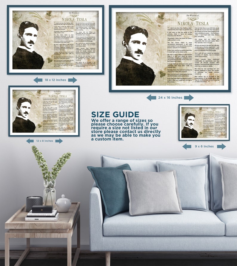 K&ouml;nnte beinhalten: Eine Gr&ouml;&szlig;en&uuml;bersicht f&uuml;r einen druckbaren Poster mit einem Schwarzwei&szlig;bild von Nikola Tesla mit einem Zitat &uuml;ber die Weisheit des Lebens. Der Poster ist in f&uuml;nf Gr&ouml;&szlig;en erh&auml;ltlich: 9x6 Zoll, 12x8 Zoll, 18x12 Zoll, 24x16 Zoll und einer benutzerdefinierten Gr&ouml;&szlig;e.