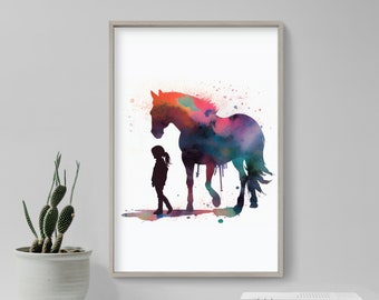 May include: A watercolour painting of a girl standing next to a horse. The horse is a dark silhouette with a colourful watercolour background. The girl is also a dark silhouette. The painting is on a white background.
