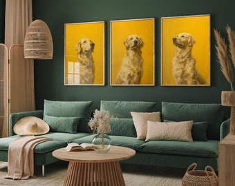 Set of Three Golden Retriever on Bright Yellow Background Posters - 3 Dog Art Print Paintings Photo Wall Gift - Man's Best Friend Lovers