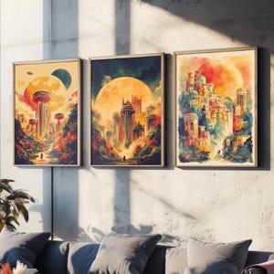 Set of Three Alien City Beneath the Sun Art Prints - 3 Futuristic Paintings - Photo Poster Wall Giclée  Science Fiction, Sci-fi, Fantasy