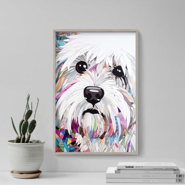 Painting of A Coton De Tulear Covered in Colorful Pieces of Paper - Art Print Poster Painting - Giclee Home Wall Décor