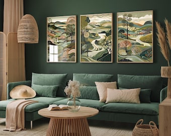Landscape Illustrations in Olive Green INSTANT DOWNLOAD - Set of Three South Downs, Poster, Wales Art, Painting Valley Digital JPEG