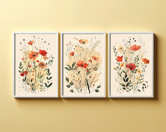Set of Three Vintage Wildflower Prints V3 - INSTANT DOWNLOAD - Set of 3 Floral Plants - Paintings Poster Art Daisies Botanical - Print JPEG