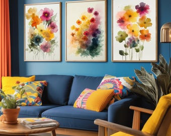 Set of Three Emotive Watercolour Flower Prints V9- 3 Floral Bouquet Orange Yellow Paintings - Photo Poster Wall Art Gift Fauna Wildflower