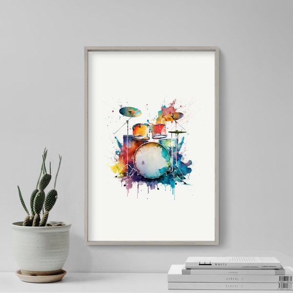 Drum Kit Watercolour - Art Print Poster - Colourful Paint Splashes - Gift Home Wall Décor Giclee - Music Room, Drummer Gift, Big Drum