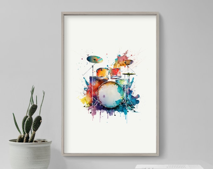 Drum Kit Watercolour - Art Print Poster - Colourful Paint Splashes - Gift Home Wall Décor Giclee - Music Room, Drummer Gift, Big Drum