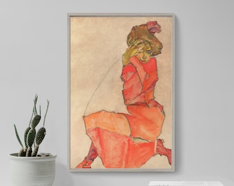 Egon Schiele - Kneeling Female in Orange Red Dress (1910) - Classic Painting Photo Poster Print Art Gift Wall Home Decor