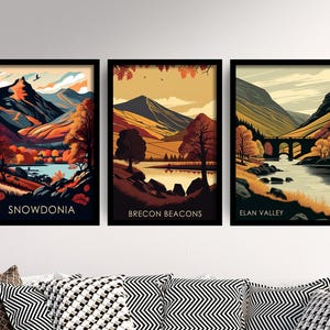 Set of Three Welsh Locations in Autumn Travel Posters - Set of 3 Elan Valley, Brecon Beacons, Snowdonia Vector Paintings Wall Art Giclée