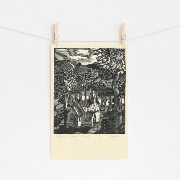 Eric Ravilious - Church Under a Hill (1935) - Classic Painting Photo Poster Print Art Gift Wall Home Decor - Black and White Woodcut Trees