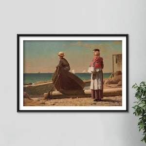 Winslow Homer - Dad&#39;s Coming Home (1873) - Classic Painting Photo Poster Print Art Gift Wall Home Decor - Boy Waiting Family Beach
