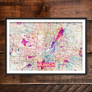 Munich Map - Original Art Print (Rainbow) - City Street Map of Munich, Germany - Poster Watercolor Illustration Wall Art Home Decor Gift