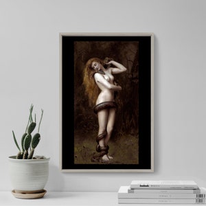 May include: A painting of a woman with long red hair standing in a forest. She is nude and holding a large snake around her waist. The snake is brown and black and has a textured surface. The woman is looking down at the snake. The background is a dark green forest.