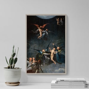 May include: A painting depicting a scene of ascension with multiple figures in the sky. The figures are surrounded by clouds and have wings. The painting is done in a dark palette with shades of blue, brown, and red.