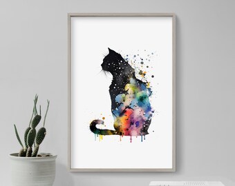 Black Cat Universe Watercolour - Art Print Poster - Colourful Paint Splashes - Gift Home Wall Décor Giclee - Cat Lover, Feline