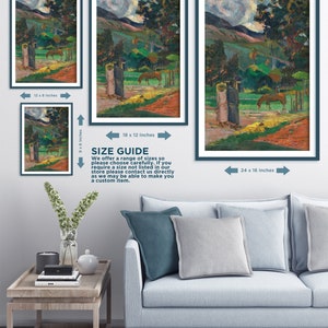 Peut inclure: Une peinture repr&eacute;sentant un paysage avec deux personnages au premier plan. La peinture est encadr&eacute;e et disponible en plusieurs tailles. La peinture est un m&eacute;lange vibrant de couleurs, notamment le vert, le bleu, le jaune et le rouge.