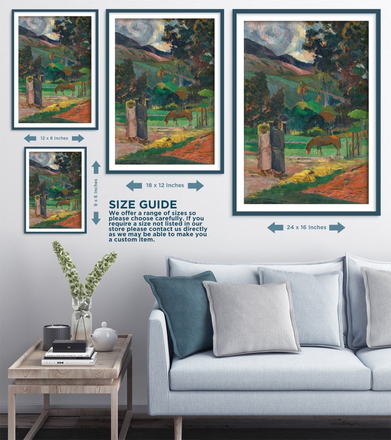 Peut inclure: Une peinture repr&eacute;sentant un paysage avec deux personnages au premier plan. La peinture est encadr&eacute;e et disponible en plusieurs tailles. La peinture est un m&eacute;lange vibrant de couleurs, notamment le vert, le bleu, le jaune et le rouge.