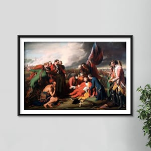 May include: A framed print of a historical painting depicting a battle scene. The artwork features numerous figures in period clothing, with a central group gathered around a fallen soldier. The color palette includes reds, greens, and blues, with a dramatic sky.