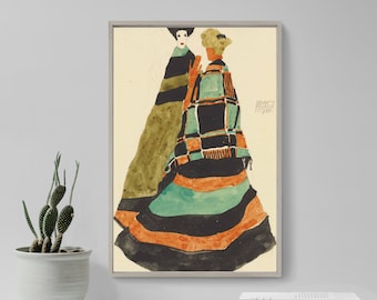 May include: A vintage art print featuring two women in colorful dresses. The woman on the left is wearing a green and black dress, while the woman on the right is wearing a blue, orange, and black dress. The print is titled "Egon Schiele 1917".