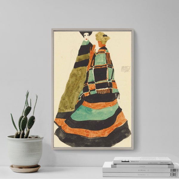 Egon Schiele - Two Standing Women in Striped and Plaid Costumes (1911) - Classic Painting Photo Poster Print Art Gift Wall Home Decor