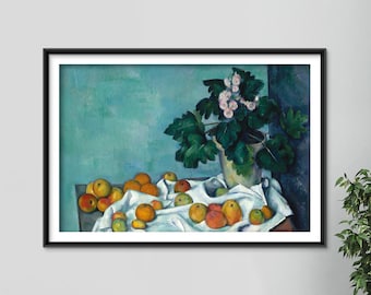 Paul Cézanne - Nature morte aux pommes et un pot de primevères (1890) - Reproduction d'un tableau - Photo Poster Print Art Gift - Cezanne