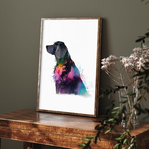 May include: A framed watercolour print of a dog in profile. The dog's fur is depicted with a vibrant mix of colours, including purple, pink, blue, and yellow. The artwork is set against a white background within a wooden frame.