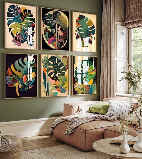 Set of Six Monstera Leaf Paintings - 6 Botanical Art Prints - Photo Poster Wall Gift Giclée - Nature, Foliage, Greenery, Swiss Cheese Plant