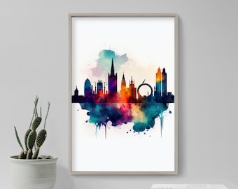 London Skyline Watercolour Art Print 2 - Colourful Paint Splashes Poster - Gift Home Wall Décor Giclee - Circle Sphere Eye UK England