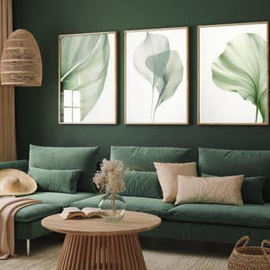 Set of Three Minimalist Green Plant Art Prints - 3 Delicate Wispy Ethereal Botanical Paintings - Photo Poster Wall Gift Photo Leaf Nature