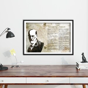 May include: A framed print of a black and white portrait of Sigmund Freud with a quote about psychoanalysis. The background is a vintage-style design with a faded floral pattern.